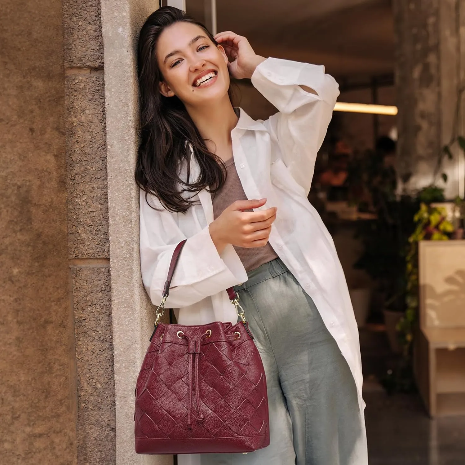 Kattee Woven Leather Bucket Bags for Women, Drawstring Crossbody Hobo Purses and Shoulder Handbags with 2 Straps