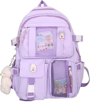 Kawaii Backpack with Bear Pendant, Aesthetic Canvas Students Schoolbag Shoulder Tote Bag Casual Daypack Back to School (Purple)