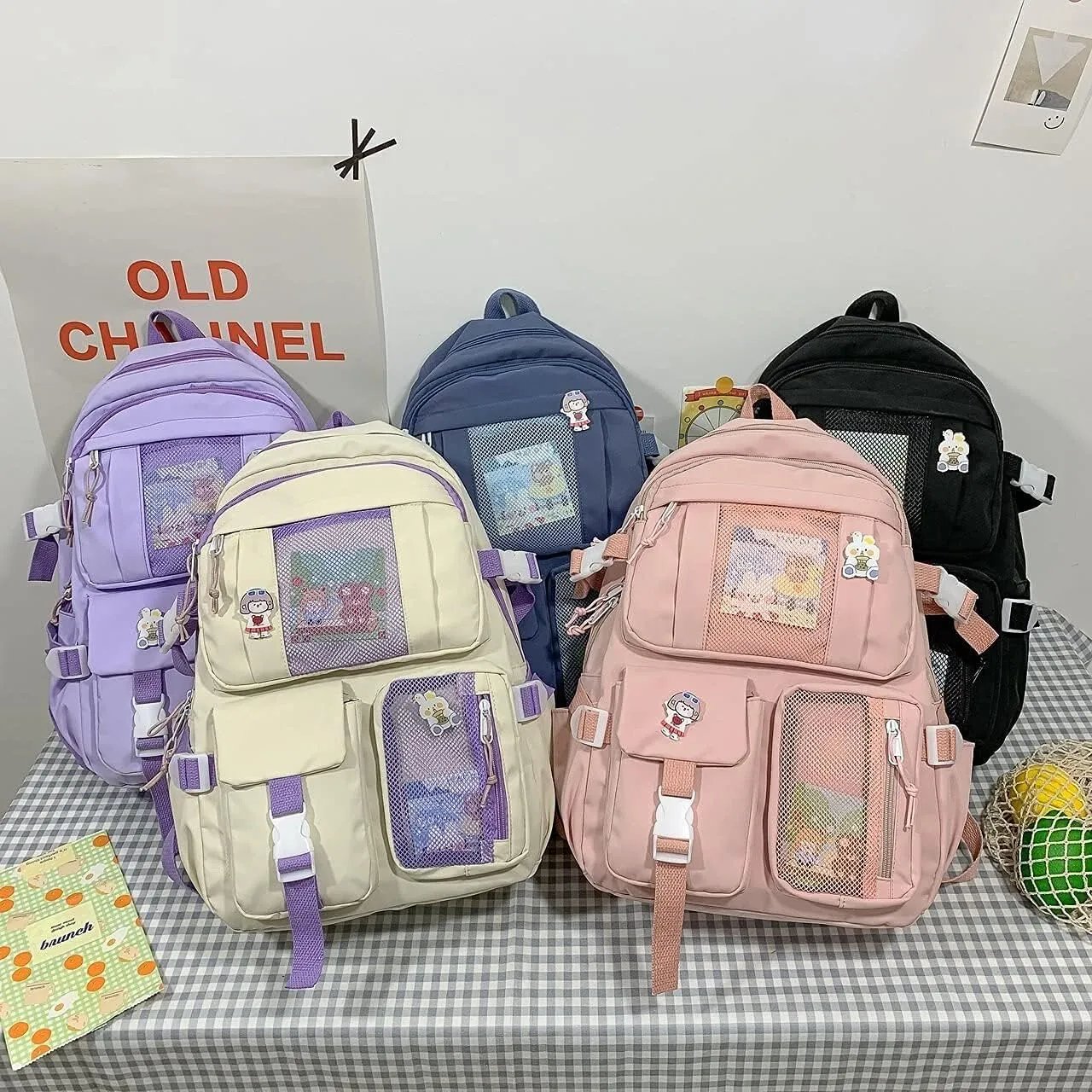 Kawaii Backpack with Bear Pendant, Aesthetic Canvas Students Schoolbag Shoulder Tote Bag Casual Daypack Back to School (Purple)