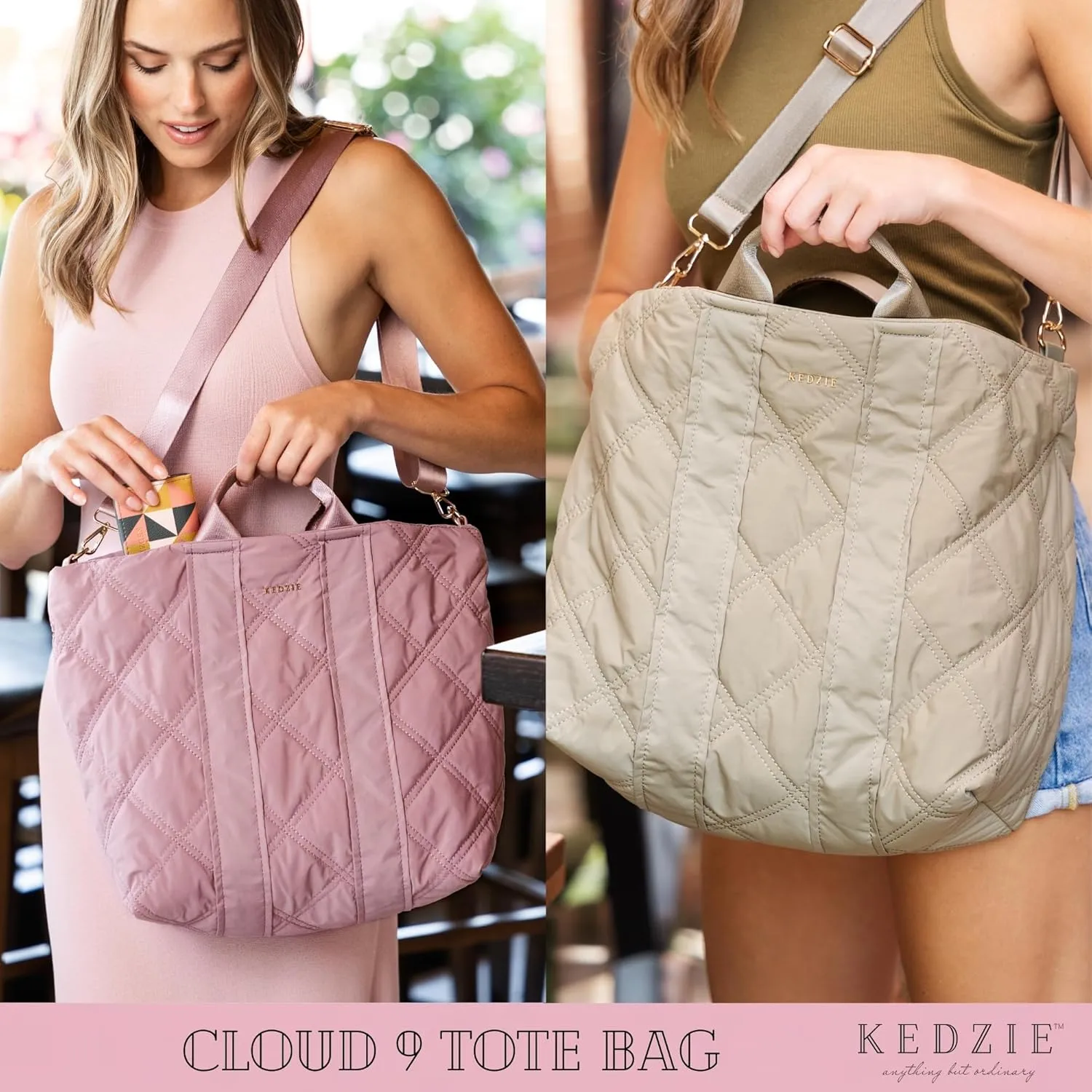 KEDZIE Cloud 9 Quilted Puffer Tote Bag Crossbody Purse for Women - Black