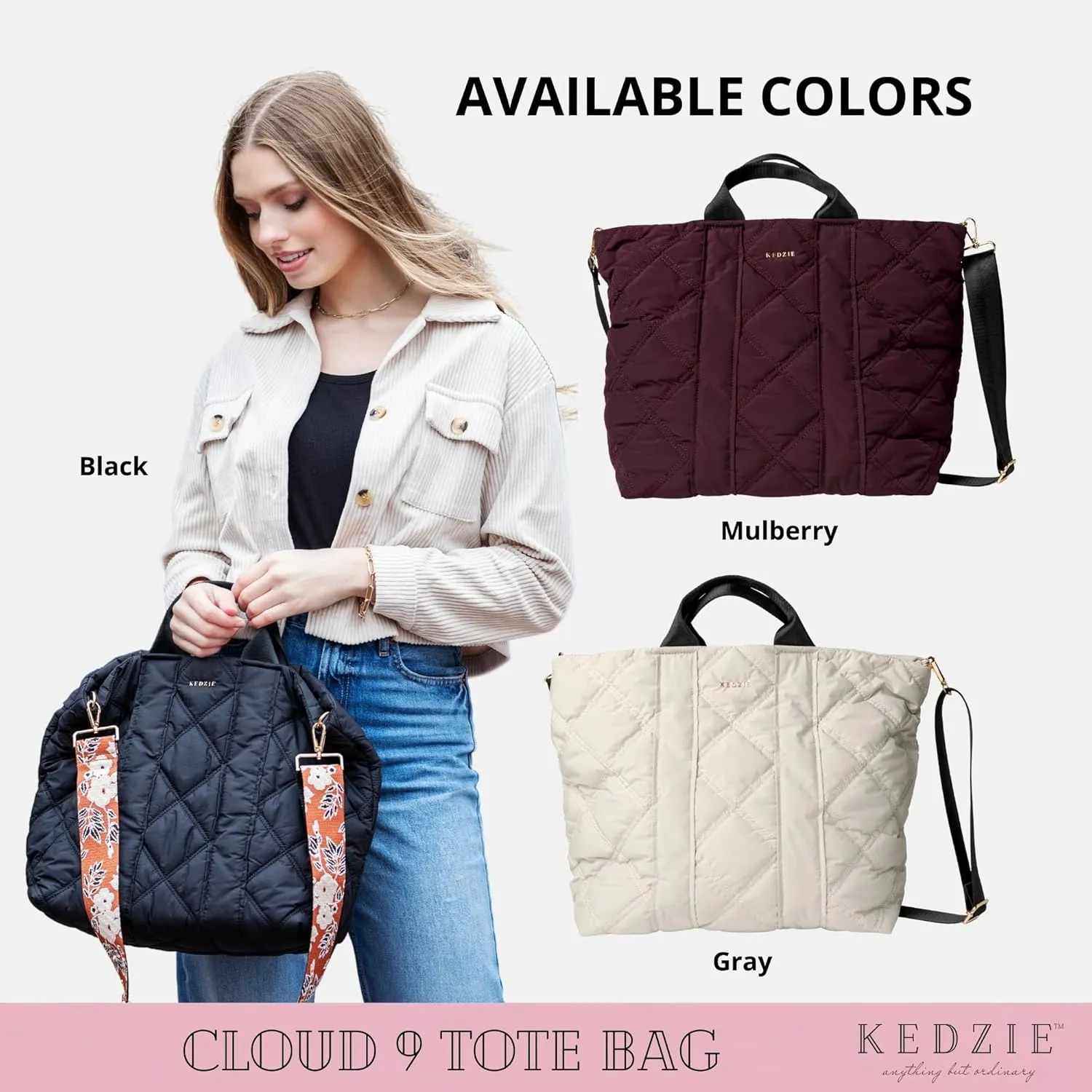 KEDZIE Cloud 9 Quilted Puffer Tote Bag Crossbody Purse for Women - Black