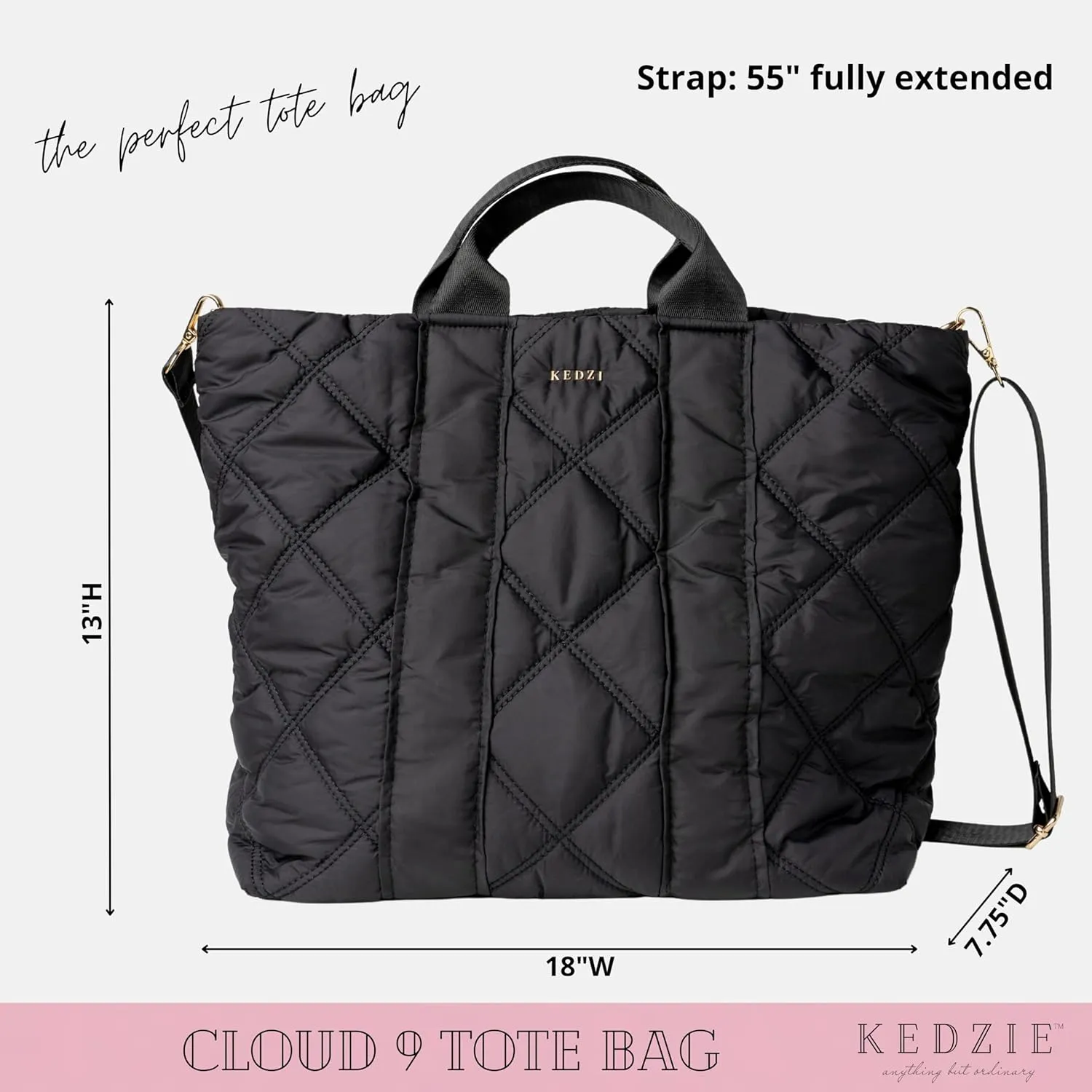 KEDZIE Cloud 9 Quilted Puffer Tote Bag Crossbody Purse for Women - Black