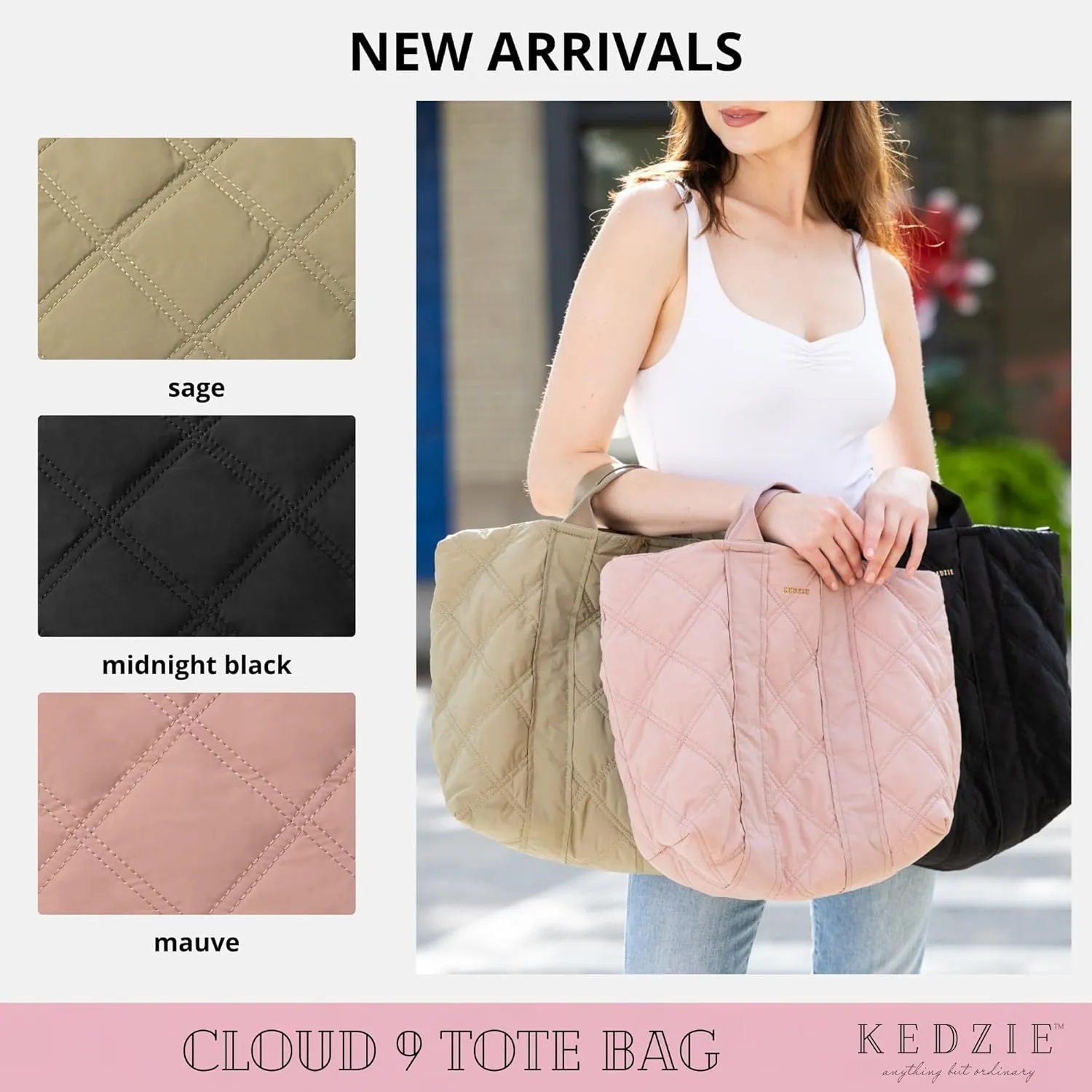KEDZIE Cloud 9 Quilted Puffer Tote Bag Crossbody Purse for Women - Black