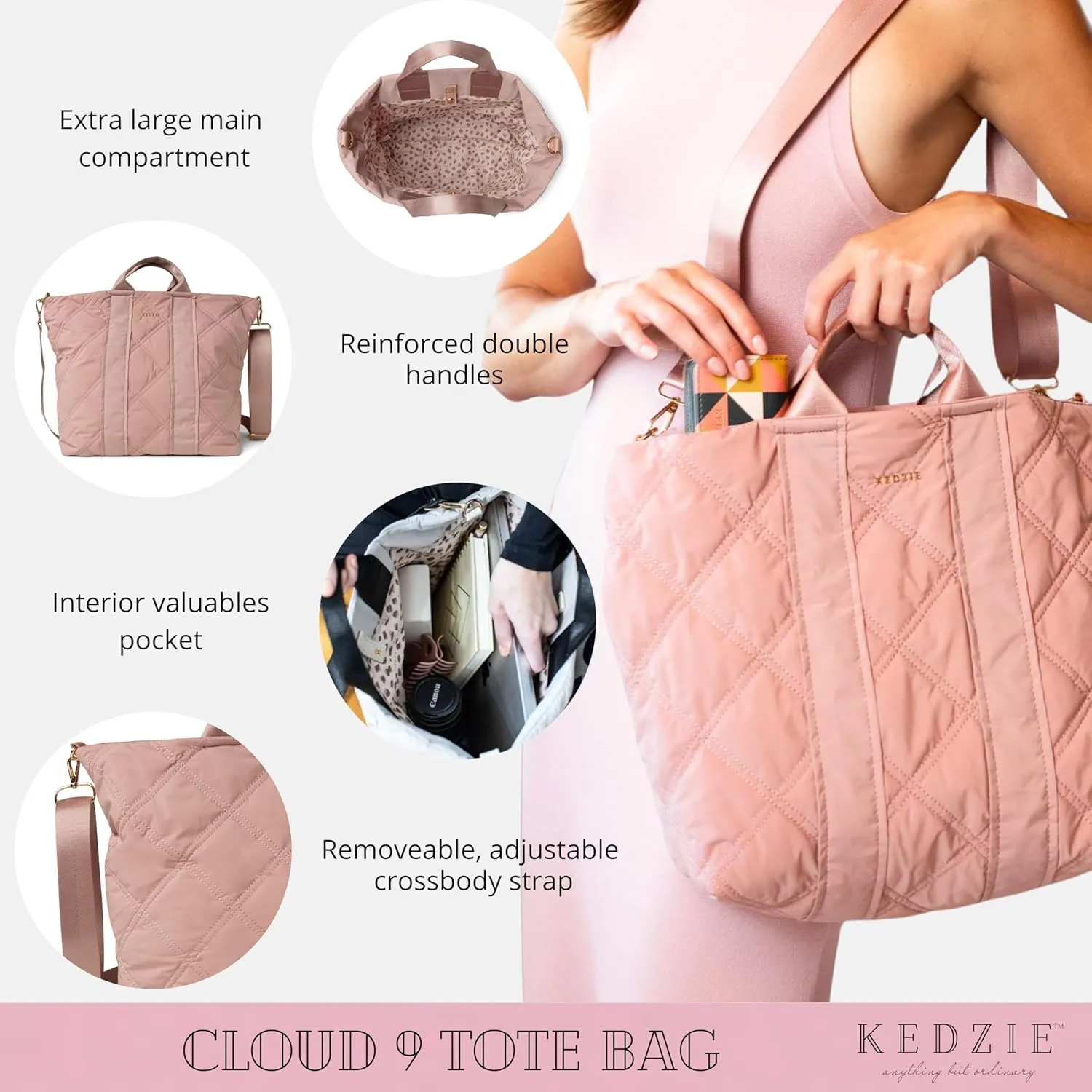 KEDZIE Cloud 9 Quilted Puffer Tote Bag Crossbody Purse for Women - Mauve