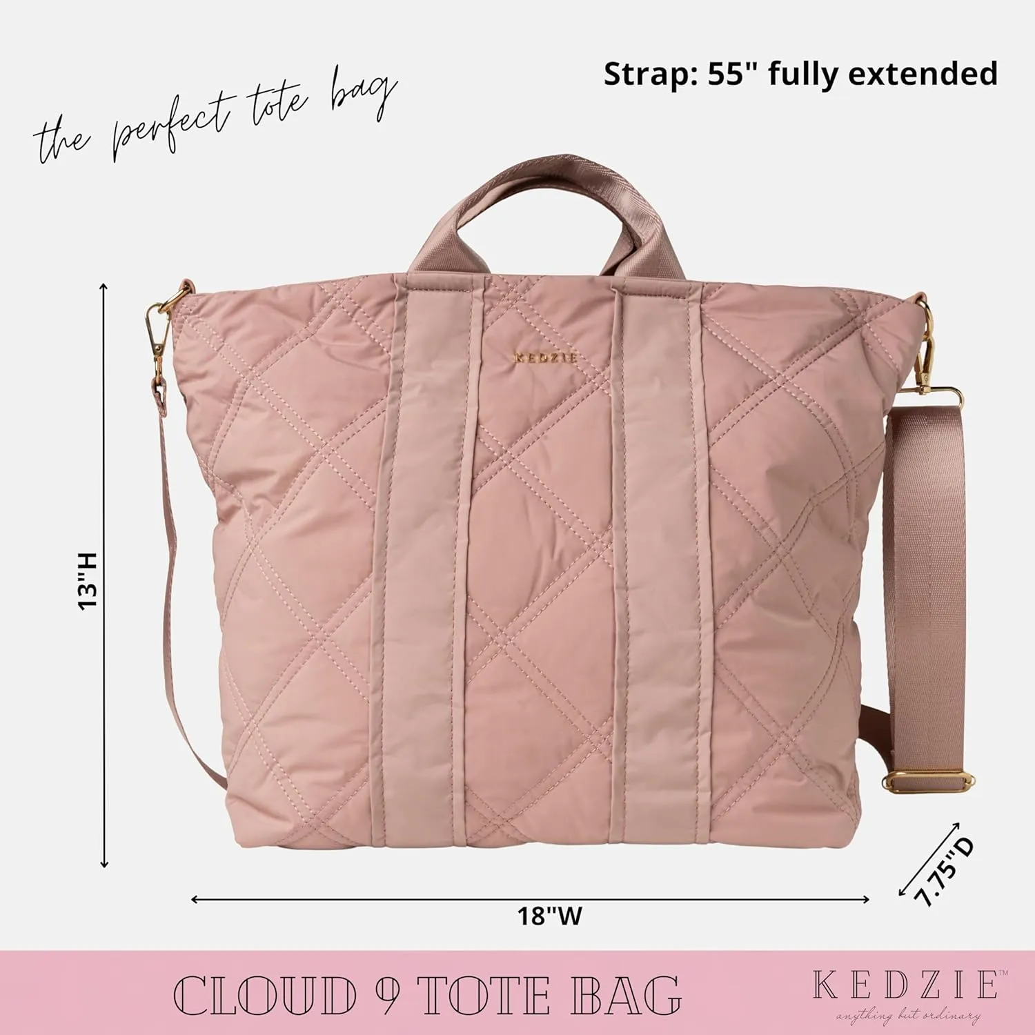 KEDZIE Cloud 9 Quilted Puffer Tote Bag Crossbody Purse for Women - Mauve