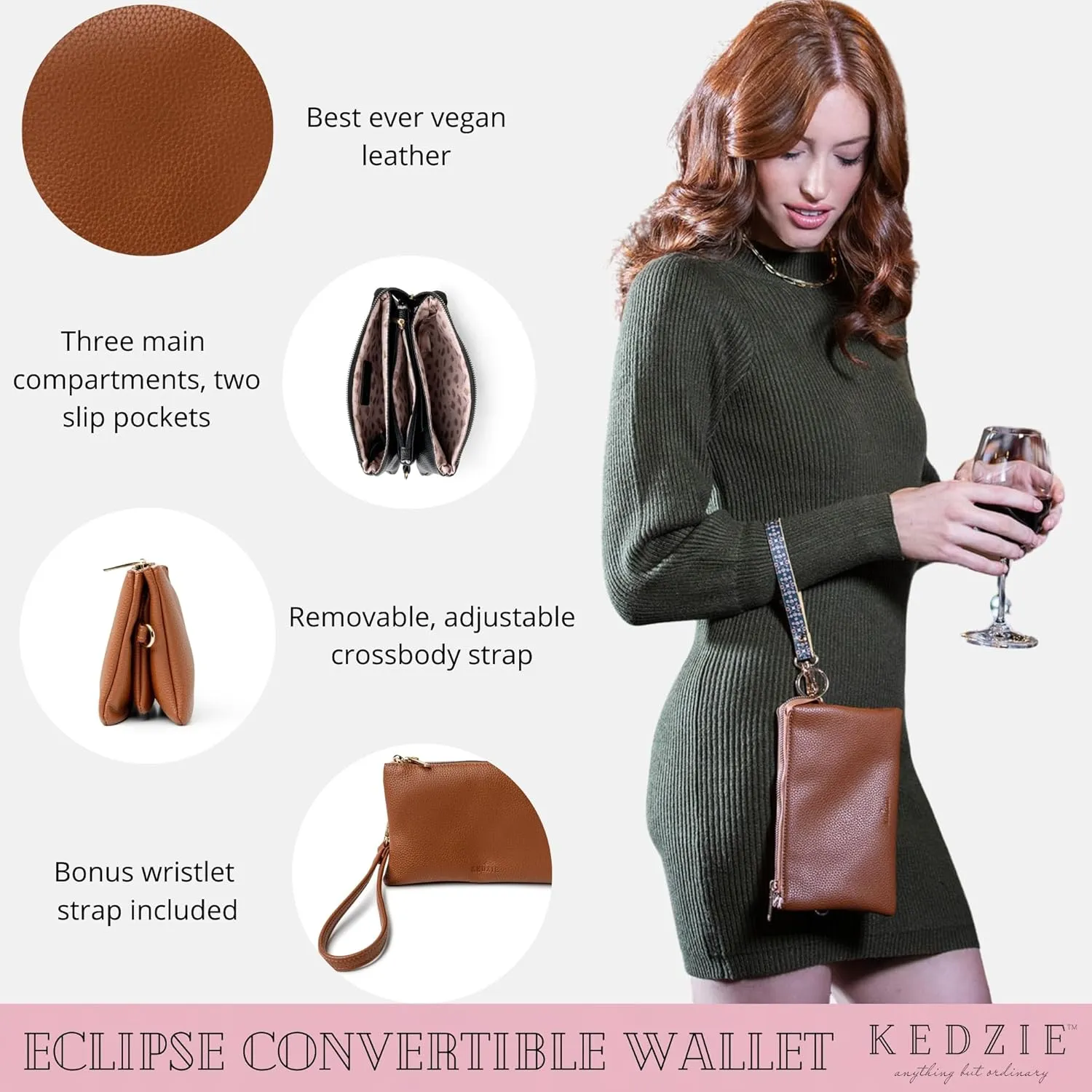 KEDZIE Eclipse Vegan Leather Convertible Purse Wallet Crossbody Bag for Women