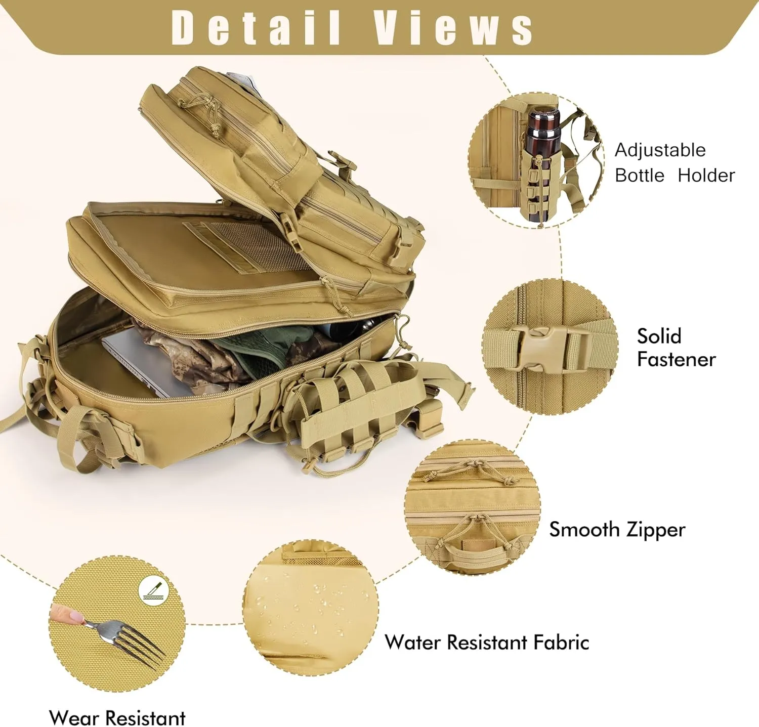 Khaki 45L Large Military Tactical Backpack for Men，Travel Hiking Backpack with Bottle Holder, Laptop Backpack for Work, Men's Assault Bag Back Pack