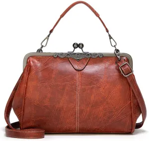 Kiss Lock Purses Vintage Handbags for Women Kisslock Crossbody Bag Vegan Leather Tote Handbag Retro Shoulder Purse