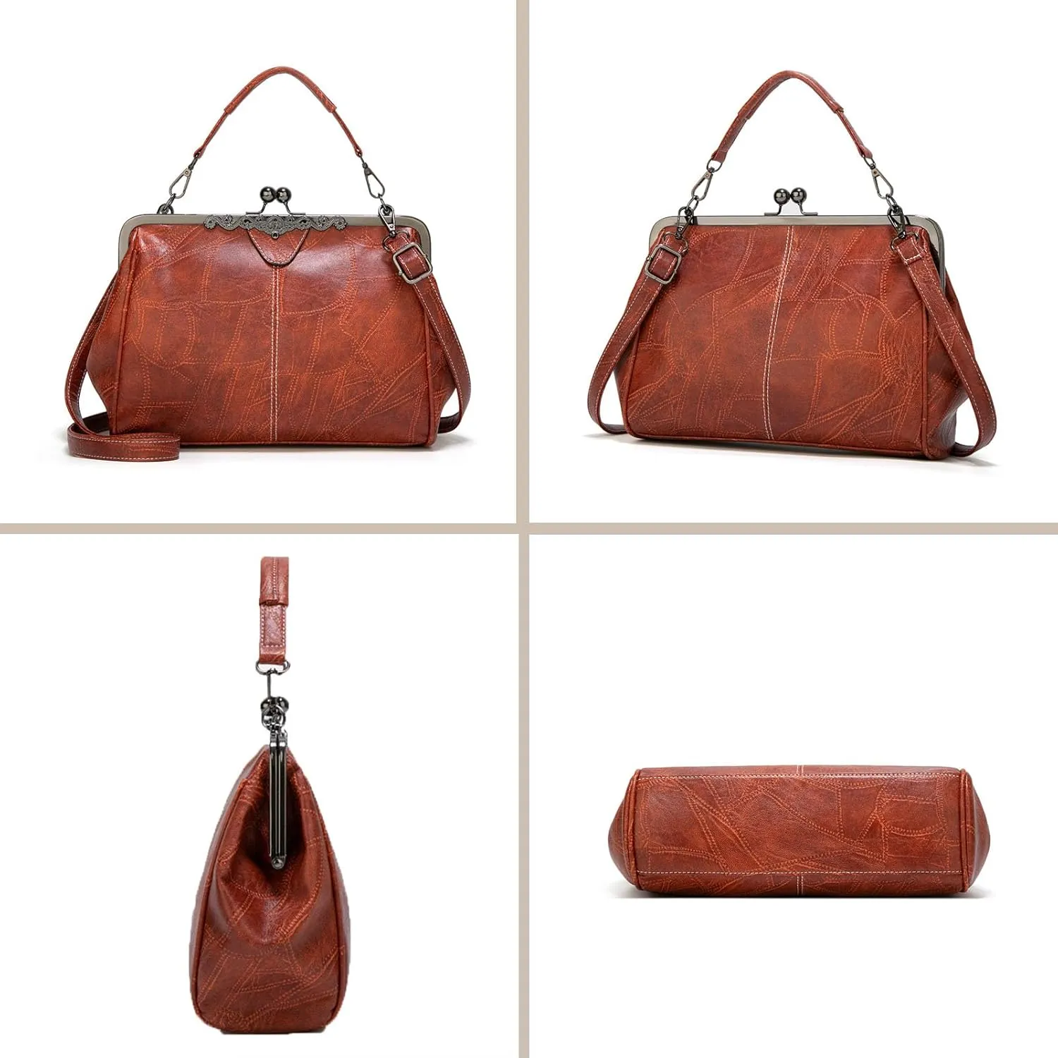 Kiss Lock Purses Vintage Handbags for Women Kisslock Crossbody Bag Vegan Leather Tote Handbag Retro Shoulder Purse