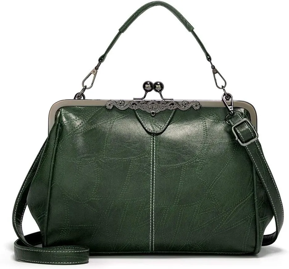 Kiss Lock Purses Vintage Handbags for Women Kisslock Crossbody Bag Vegan Leather Tote Handbag Retro Shoulder Purse