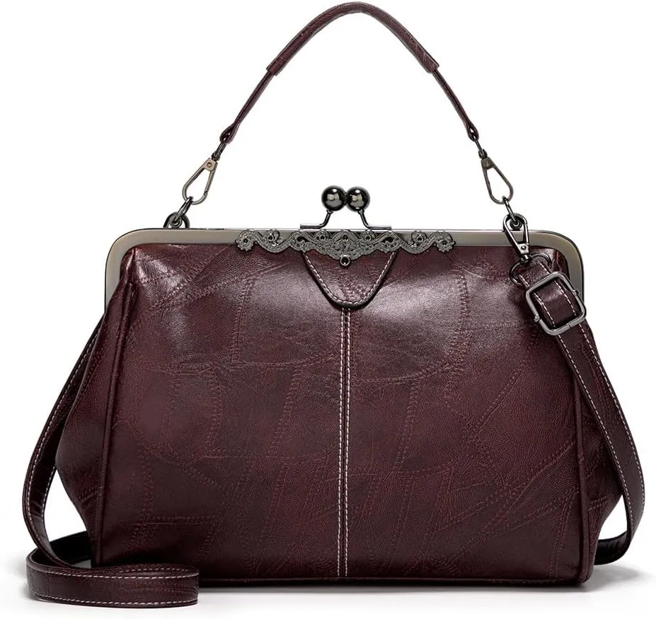 Kiss Lock Purses Vintage Handbags for Women Kisslock Crossbody Bag Vegan Leather Tote Handbag Retro Shoulder Purse