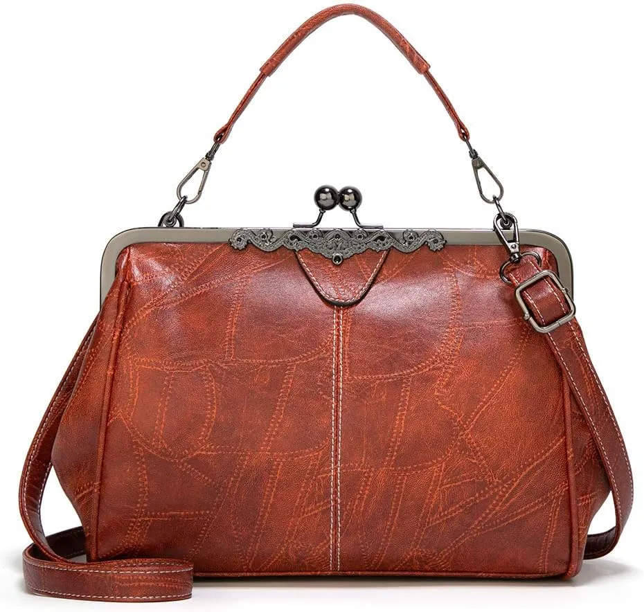 Kiss Lock Purses Vintage Handbags for Women Kisslock Crossbody Bag Vegan Leather Tote Handbag Retro Shoulder Purse