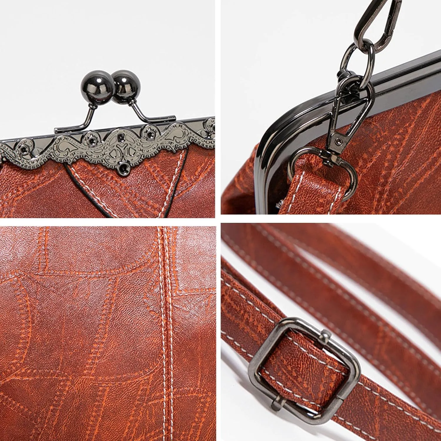 Kiss Lock Purses Vintage Handbags for Women Kisslock Crossbody Bag Vegan Leather Tote Handbag Retro Shoulder Purse