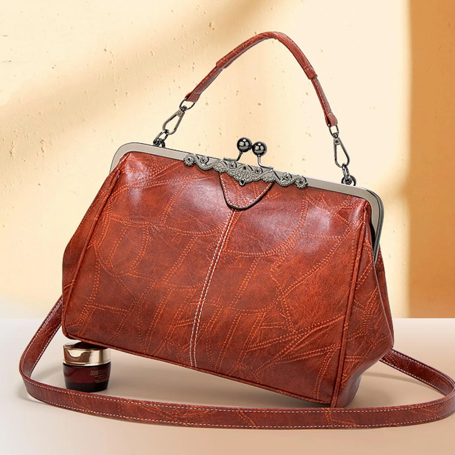 Kiss Lock Purses Vintage Handbags for Women Kisslock Crossbody Bag Vegan Leather Tote Handbag Retro Shoulder Purse