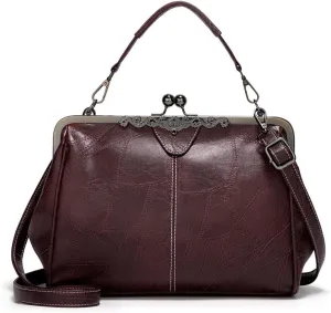 Kiss Lock Purses Vintage Handbags for Women Kisslock Crossbody Bag Vegan Leather Tote Handbag Retro Shoulder Purse