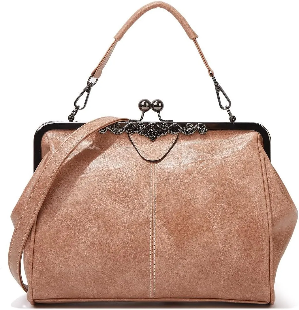 Kiss Lock Purses Vintage Handbags for Women Kisslock Crossbody Bag Vegan Leather Tote Handbag Retro Shoulder Purse
