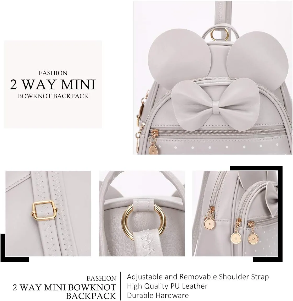 KL928 Girls Bowknot Polka Dot Cute Mini Backpack Small Daypacks Convertible Shoulder Bag Purse for Women