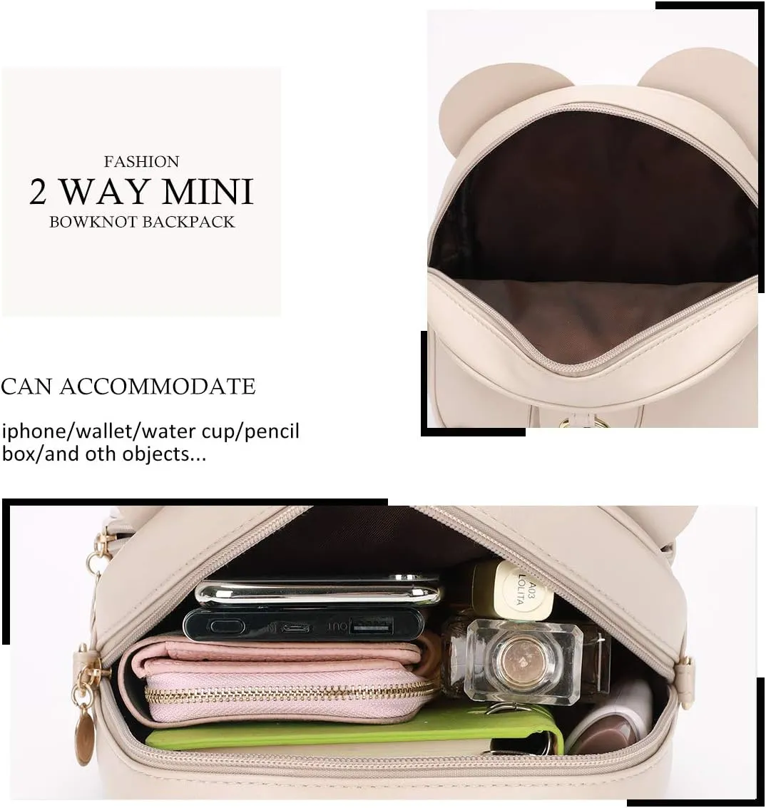 KL928 Girls Bowknot Polka Dot Cute Mini Backpack Small Daypacks Convertible Shoulder Bag Purse for Women