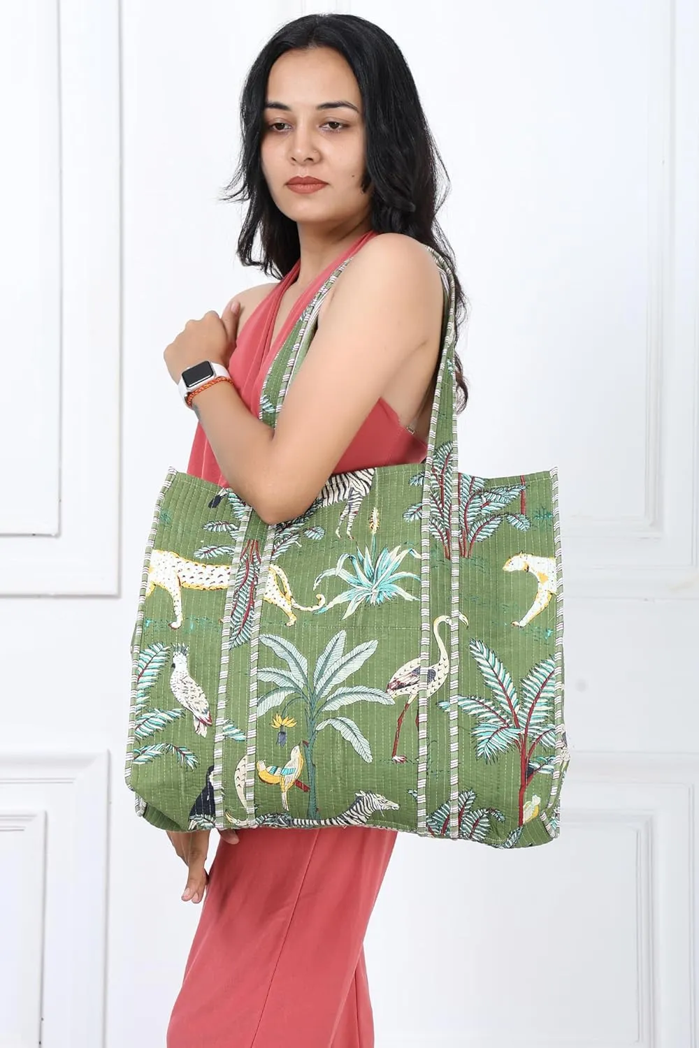 KLAVATE Women Handblock Lightweight Travel Bag Purse Cotton Shoulder Tote Bag For Shopping Grocery & Beach Bag Gift For Her