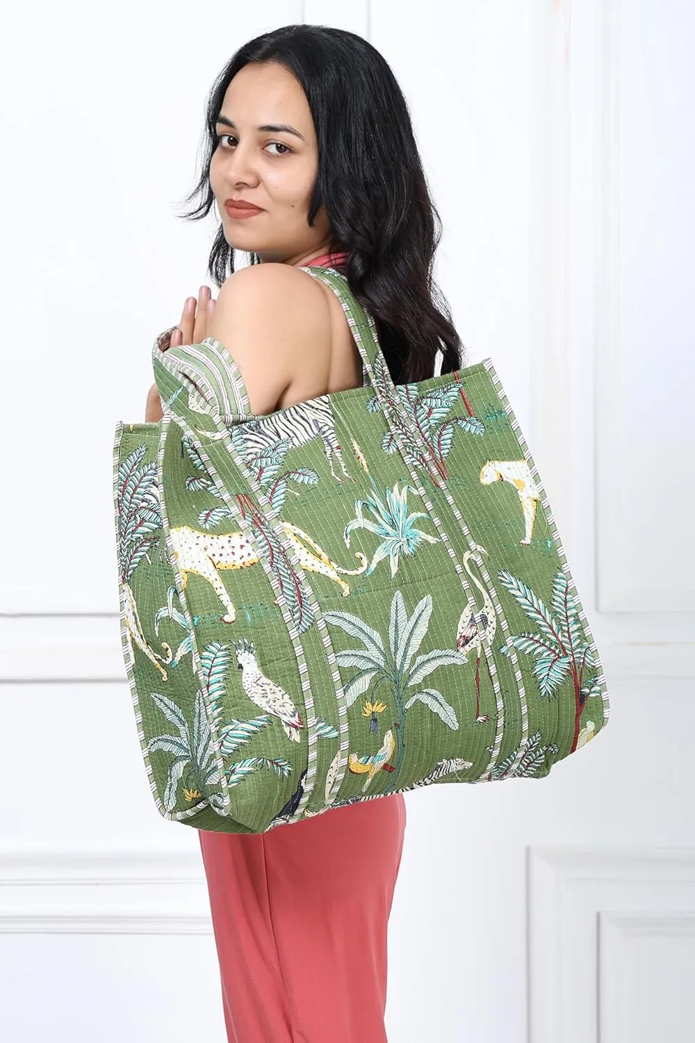 KLAVATE Women Handblock Lightweight Travel Bag Purse Cotton Shoulder Tote Bag For Shopping Grocery & Beach Bag Gift For Her
