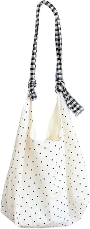 Korean Dotted Canvas Shoulder Bag for Women Large Capacity Underarm Purse Versatile Handbag Casual Satchel