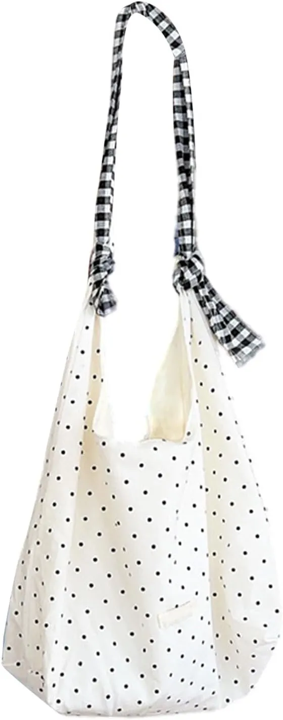 Korean Dotted Canvas Shoulder Bag for Women Large Capacity Underarm Purse Versatile Handbag Casual Satchel