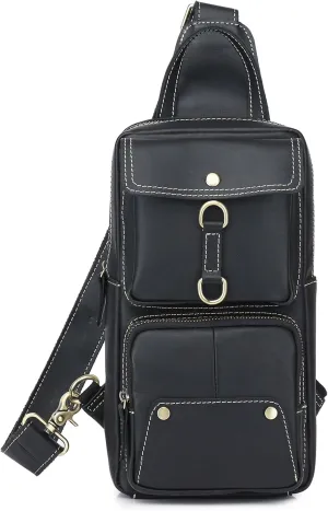 KPYWZER Sling Bag Men Women Genuine Leather Shoulder Backpack Satchel Chest Casual Daypack Crossbody Outdoor Day Pack Backpacks Black