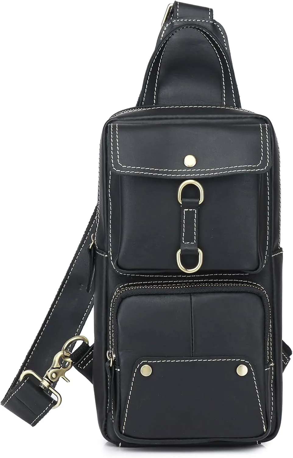 KPYWZER Sling Bag Men Women Genuine Leather Shoulder Backpack Satchel Chest Casual Daypack Crossbody Outdoor Day Pack Backpacks Black