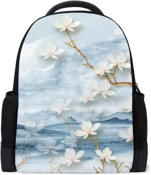 Kuizee Classic Backpack Adjustable Padded Shoulder Straps Daypack ﻿Blue Landscape Hills Clouds Flowers Branches Book Bag Casual Bags Durable College School Daily 16Inch