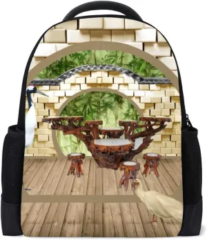 Kuizee Classic Backpack Adjustable Padded Shoulder Straps Daypack ﻿Chinese Courtyard Garden Terrace Book Bag Casual Bags Durable College School Daily 16Inch