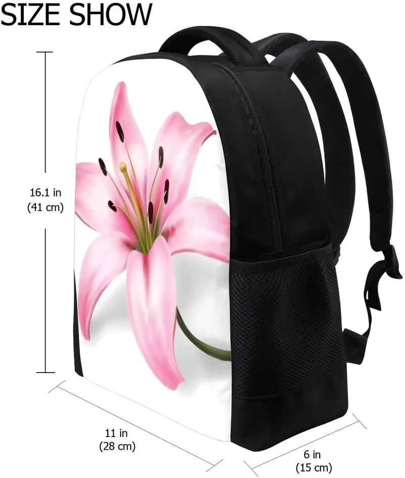Kuizee Classic Backpack Schoolbag Adjustable Padded Shoulder Straps Daypack ﻿Pink Lily Flower Casual Bags Durable College Daily 16Inch