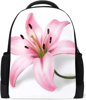 Kuizee Classic Backpack Schoolbag Adjustable Padded Shoulder Straps Daypack ﻿Pink Lily Flower Casual Bags Durable College Daily 16Inch