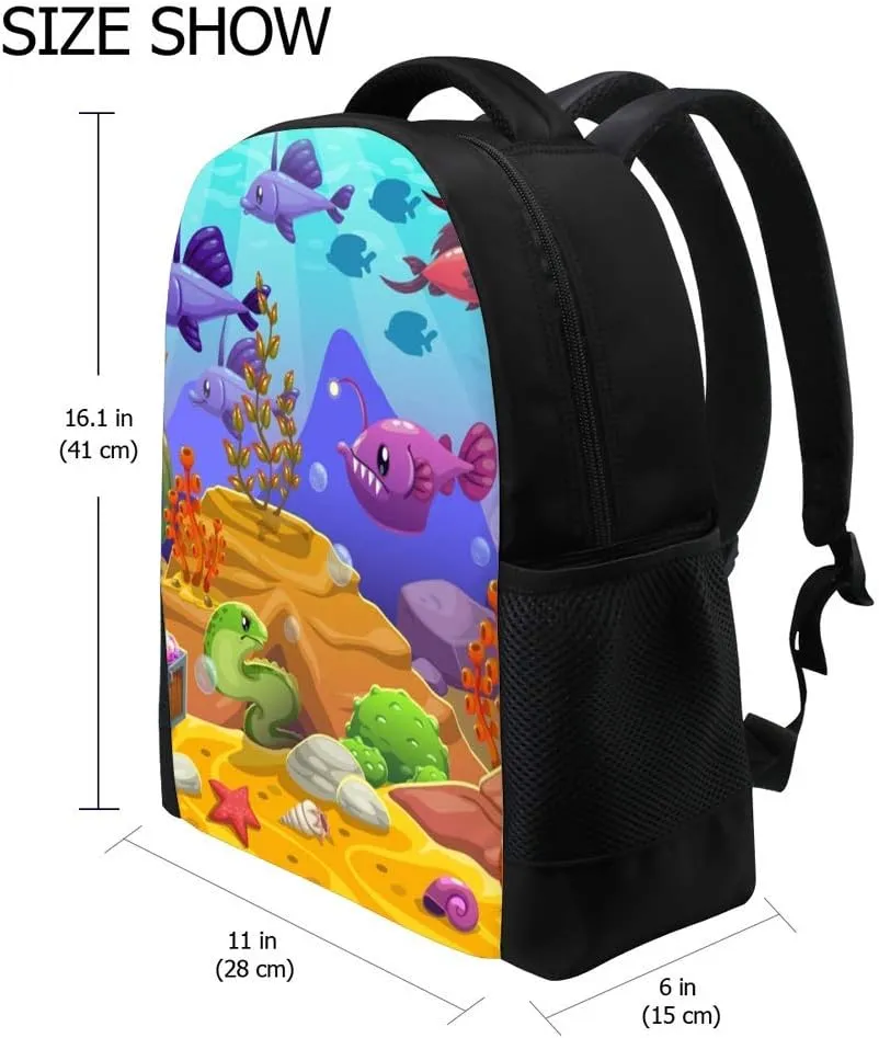 Kuizee Classic Backpack Schoolbag Adjustable Padded Shoulder Straps Daypack ﻿Underwater Sea World Cartoon Casual Bags Durable College Daily 16Inch