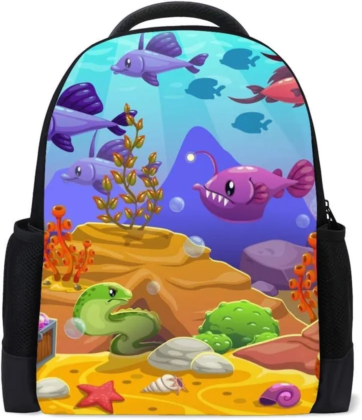Kuizee Classic Backpack Schoolbag Adjustable Padded Shoulder Straps Daypack ﻿Underwater Sea World Cartoon Casual Bags Durable College Daily 16Inch