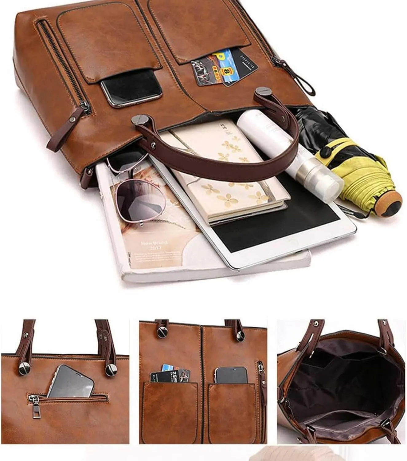 Ladies Vintage Leather Shoulder Bag Large Capacity Tote Bags Women Crossbody Bag Multi Pocket Shoulder (Black, One Size)
