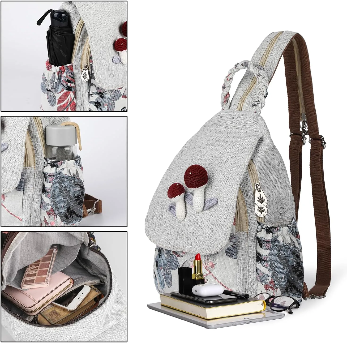 Ladys Convertible Sling Bag, Hand Craft Artisan Purse, Beautiful Mushroom Canvas Premium Casual Day Mini Backpack for women