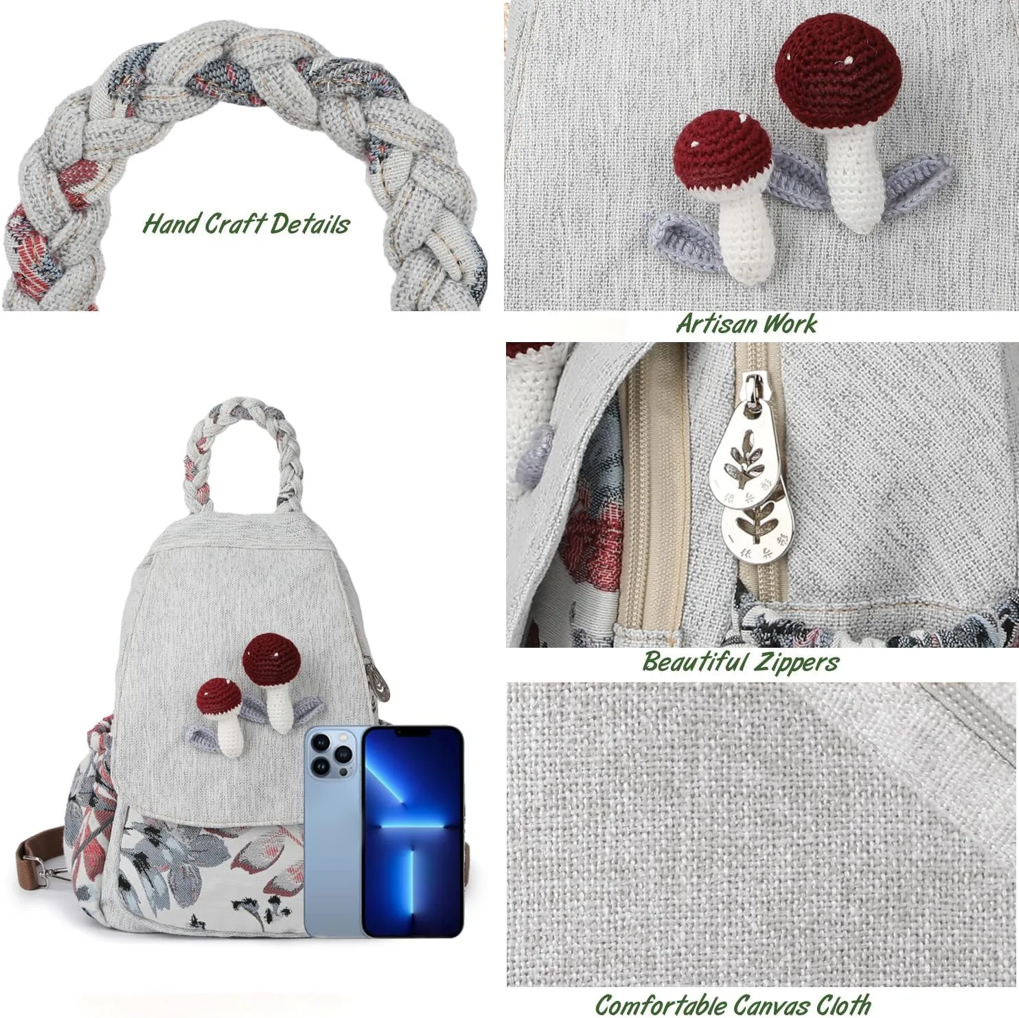 Ladys Convertible Sling Bag, Hand Craft Artisan Purse, Beautiful Mushroom Canvas Premium Casual Day Mini Backpack for women