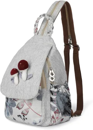 Ladys Convertible Sling Bag, Hand Craft Artisan Purse, Beautiful Mushroom Canvas Premium Casual Day Mini Backpack for women