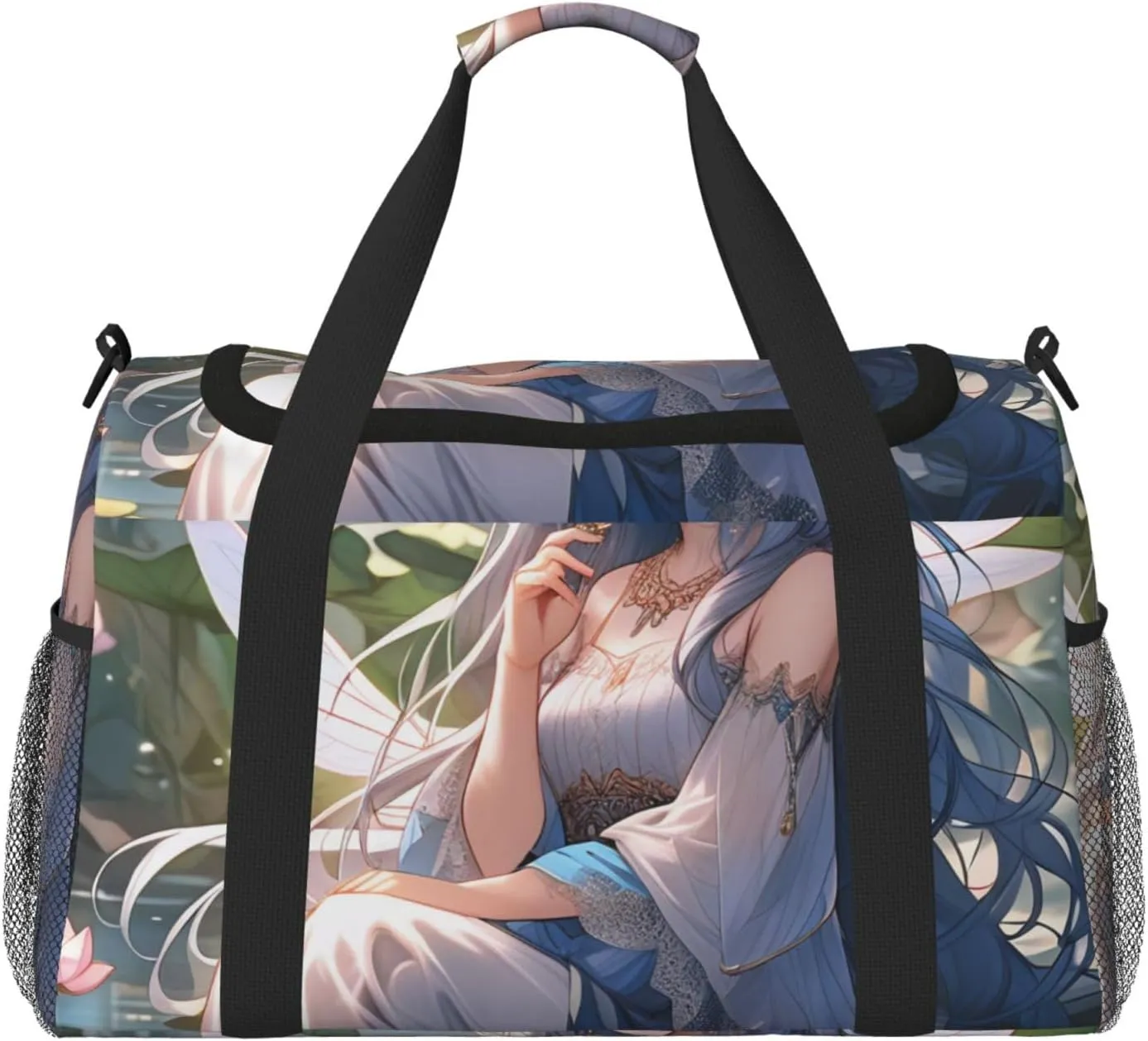 Lake fairy Print Travel Duffle Bag - Foldable Personal Item Travel Bag for Women & Men,Carry-On Convertible Crossbody Tote Bags with Adjustable Shoulder Strap & Pockets 13x10.2x19.7 in