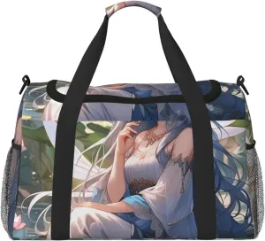 Lake fairy Print Travel Duffle Bag - Foldable Personal Item Travel Bag for Women & Men,Carry-On Convertible Crossbody Tote Bags with Adjustable Shoulder Strap & Pockets 13x10.2x19.7 in