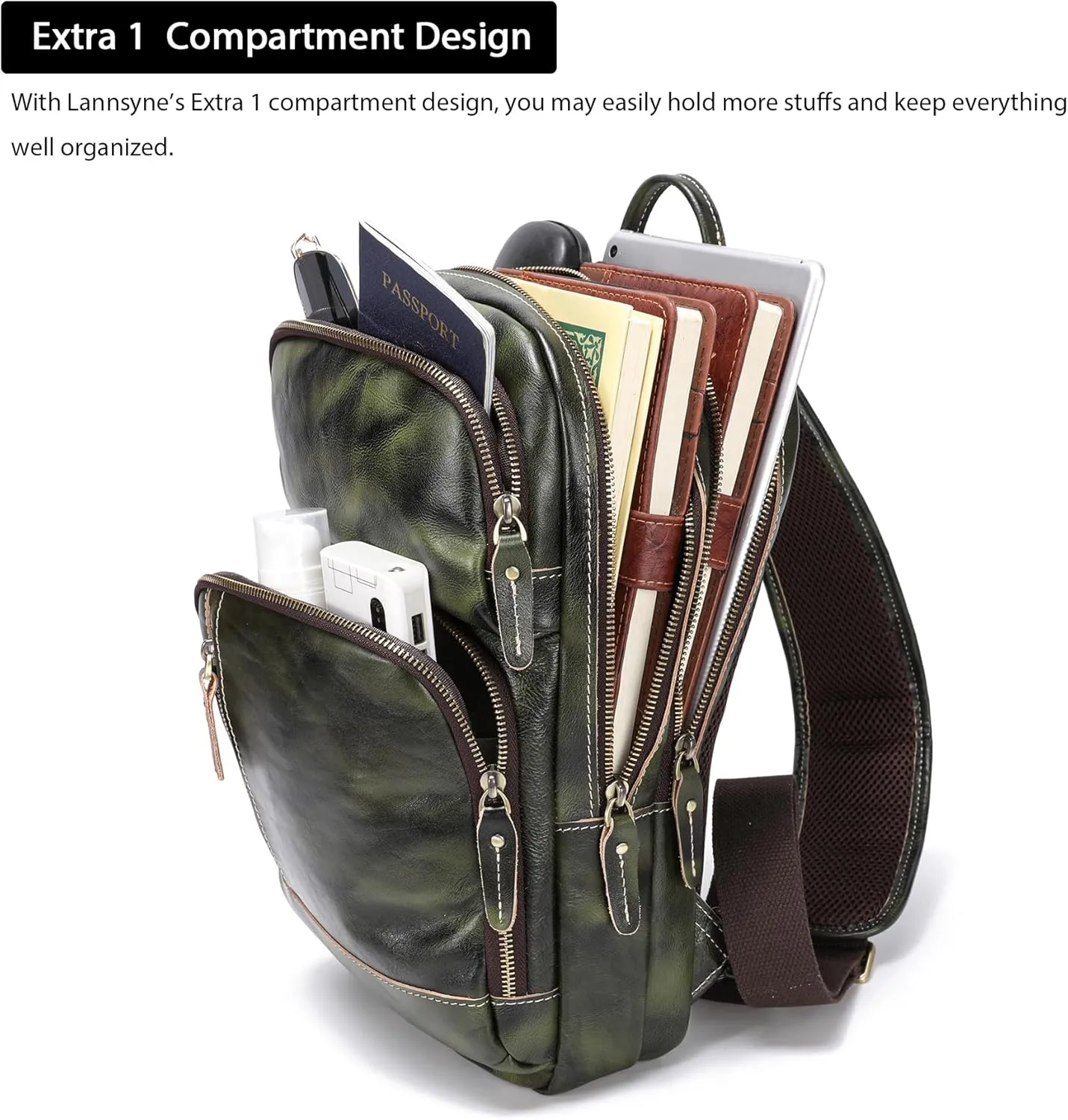 LANNSYNE Full Grain Leather Sling Bag For Men, Crossbody Bag fits 12.9" iPad Crossbody Chest Daypack