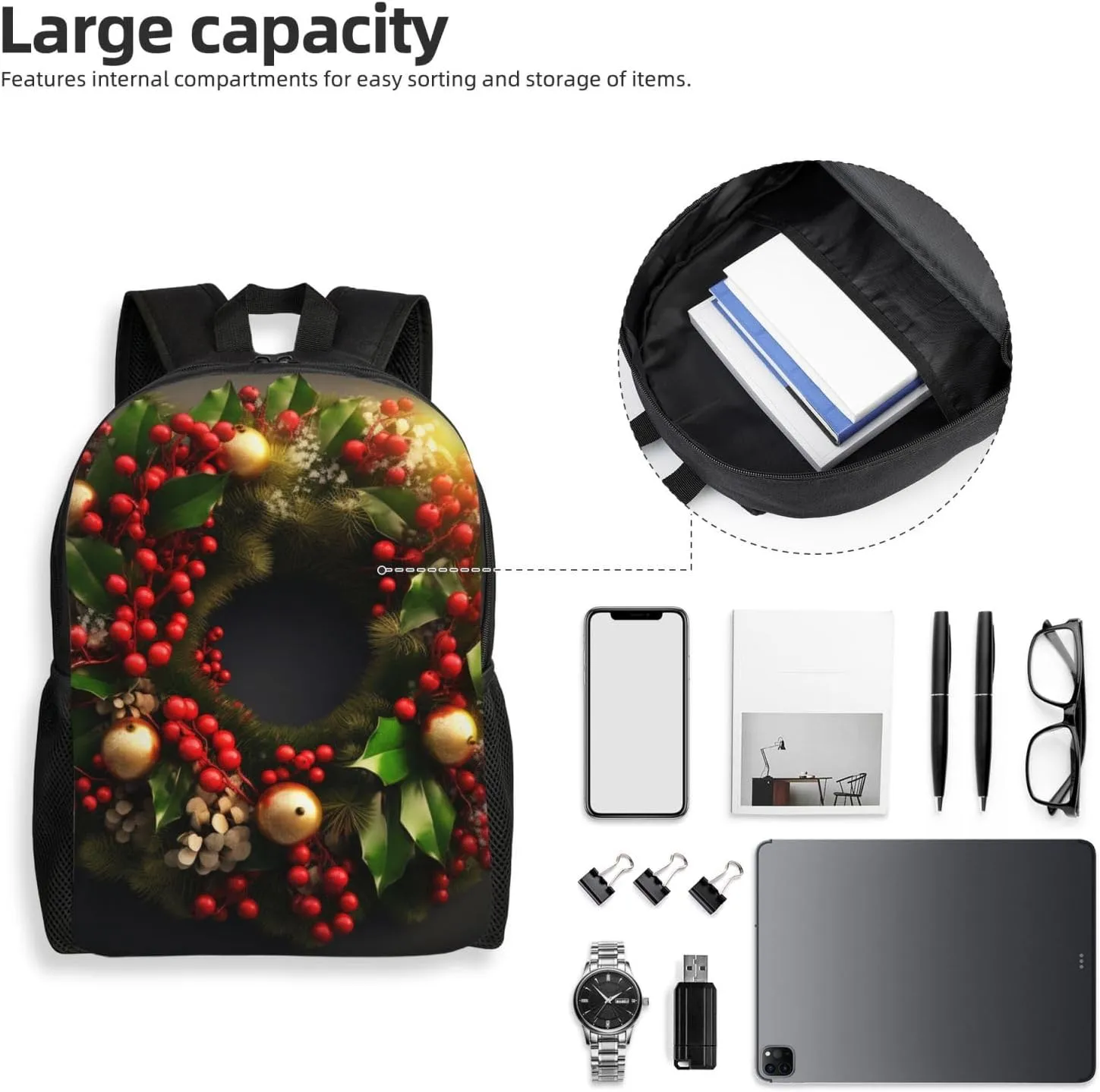 Laptop Backpack for Women Men Carry-on Backpack Christmas Wreath Daypack Lightweight Travel Shoulder Bags
