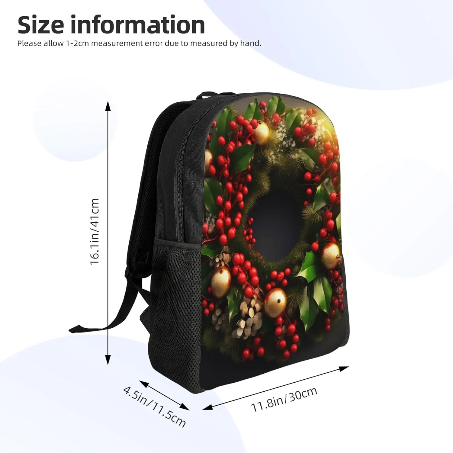 Laptop Backpack for Women Men Carry-on Backpack Christmas Wreath Daypack Lightweight Travel Shoulder Bags