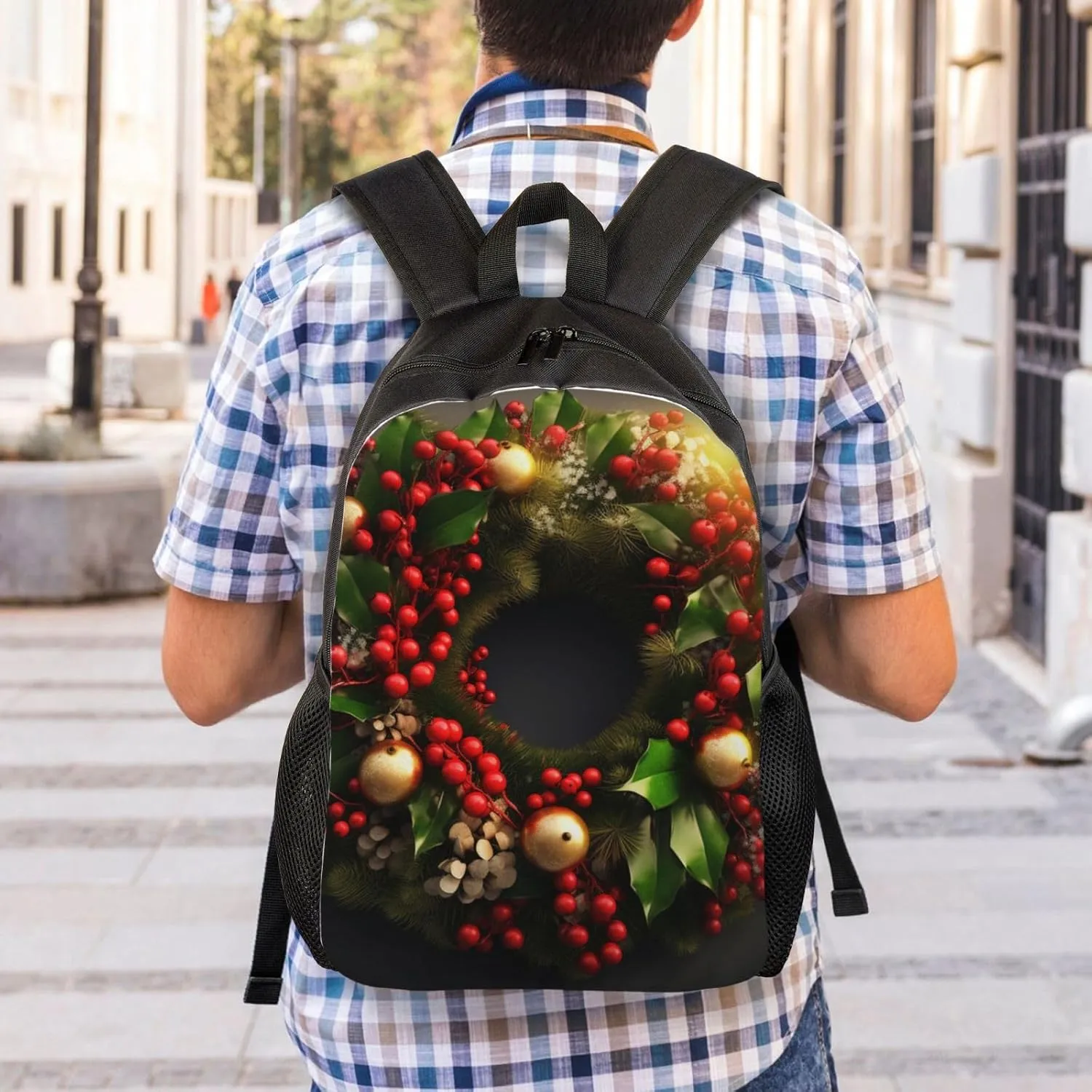 Laptop Backpack for Women Men Carry-on Backpack Christmas Wreath Daypack Lightweight Travel Shoulder Bags