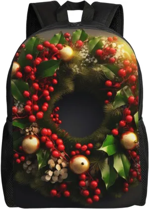 Laptop Backpack for Women Men Carry-on Backpack Christmas Wreath Daypack Lightweight Travel Shoulder Bags