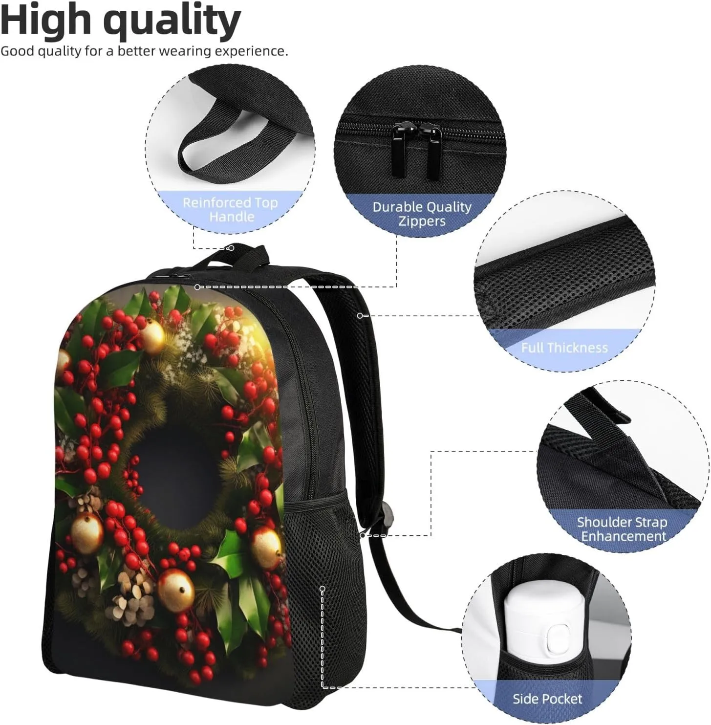 Laptop Backpack for Women Men Carry-on Backpack Christmas Wreath Daypack Lightweight Travel Shoulder Bags