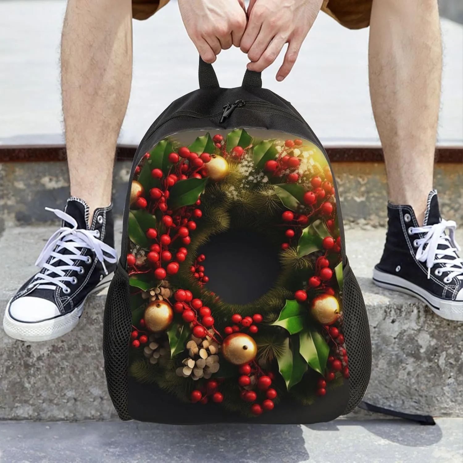 Laptop Backpack for Women Men Carry-on Backpack Christmas Wreath Daypack Lightweight Travel Shoulder Bags