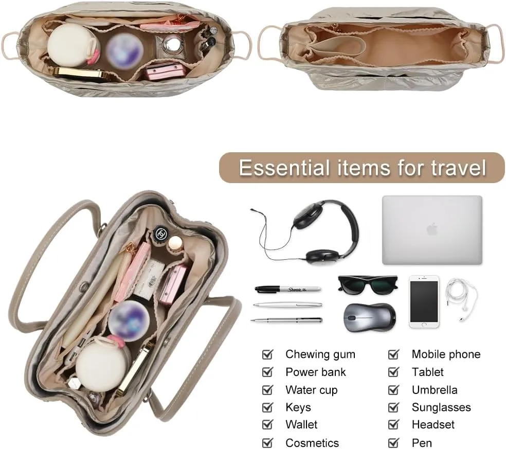 Large Handbags Purse Dividers Organizer with Cup Holder Inner Bag Insert for Tote Savvy Bag Dupont paper，Portability(Beige, Medium)