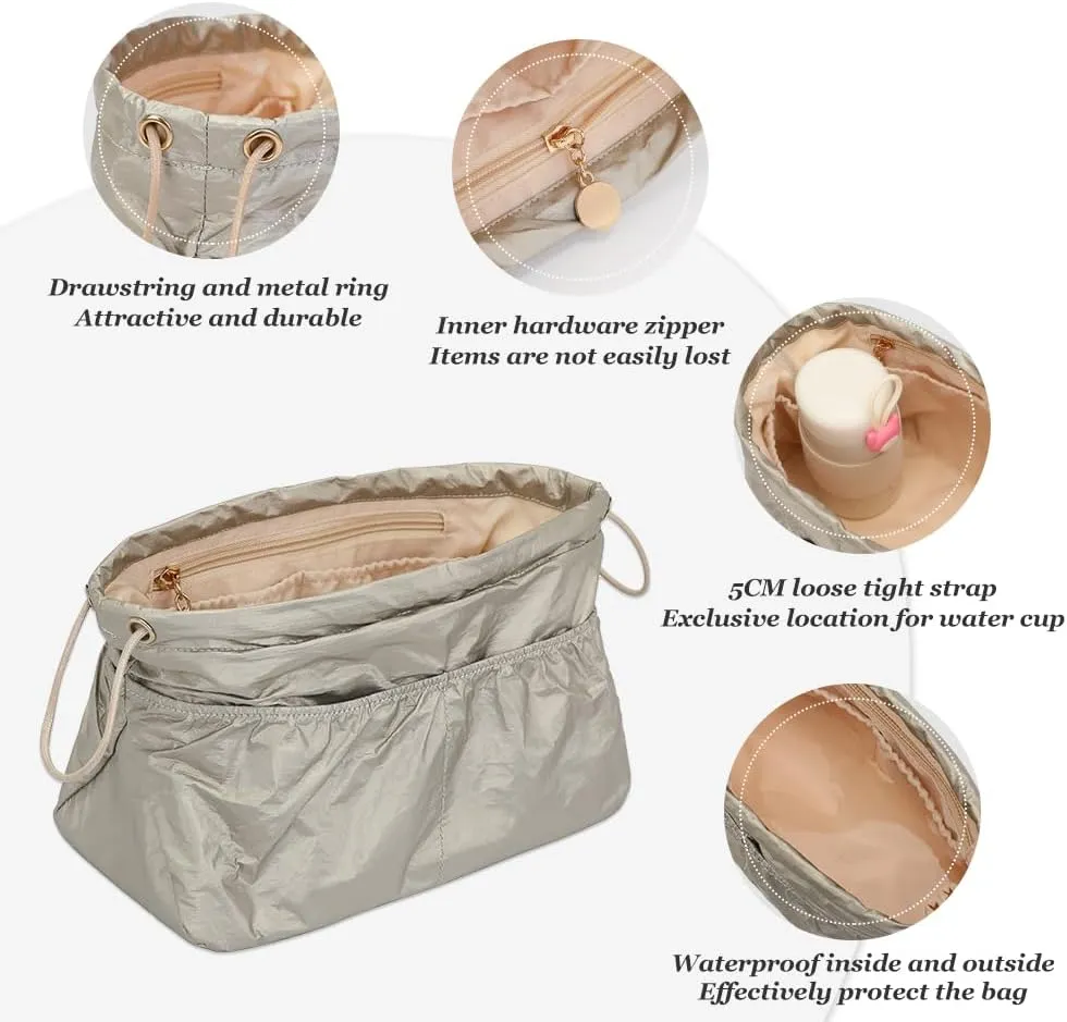 Large Handbags Purse Dividers Organizer with Cup Holder Inner Bag Insert for Tote Savvy Bag Dupont paper，Portability(Beige, Medium)