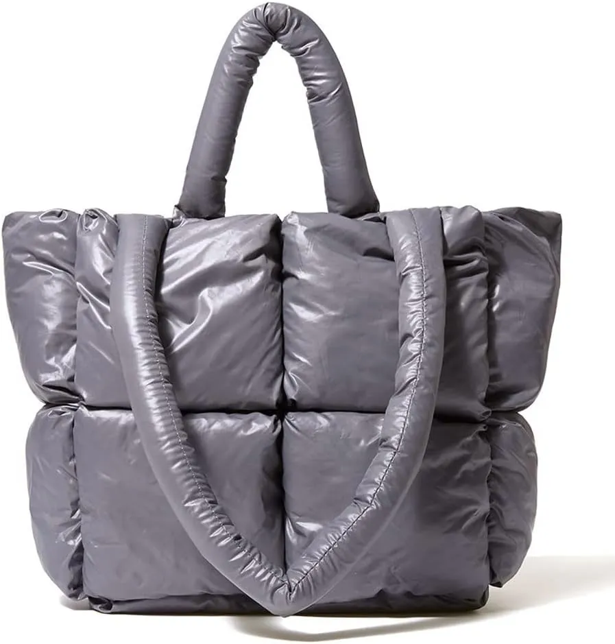 Large Lightweight Quilted Tote Bag for Women, Luxury Soft Padded Handbags, Winter Nylon Down Cotton Padding Shoulder Bags